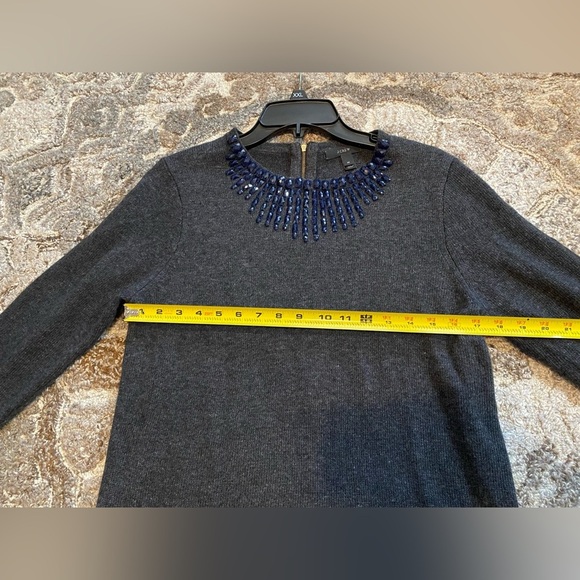 J. Crew Jeweled Beaded Gray Wool Blend Sweater Zipper 3/4 Sleeve Blue Medium - Picture 8 of 8